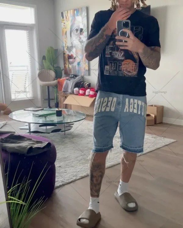 American Street Harajuku Retro Denim Shorts with Letter Embroidery Oversized Jeans Men Y2k Loose Casual Versatile Shorts Women - Image 3